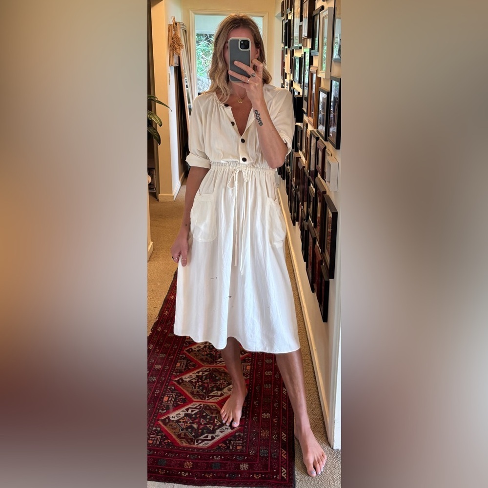 Zara Ecru Off White Cream Button Up Down Drawstring Pocket Linen Midi Dress - Picture 3 of 13